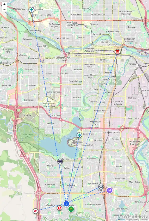 Daily accessibility map for 95 WOODSTOCK WY SW, Calgary showing nearby schools, grocery stores, parks, LRT stations and nearby amenities