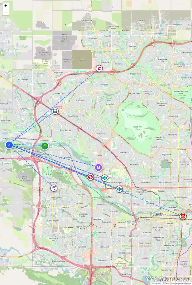 Daily accessibility map for 11747 VALLEY RIDGE BV NW, Calgary showing nearby schools, grocery stores, parks, LRT stations and nearby amenities