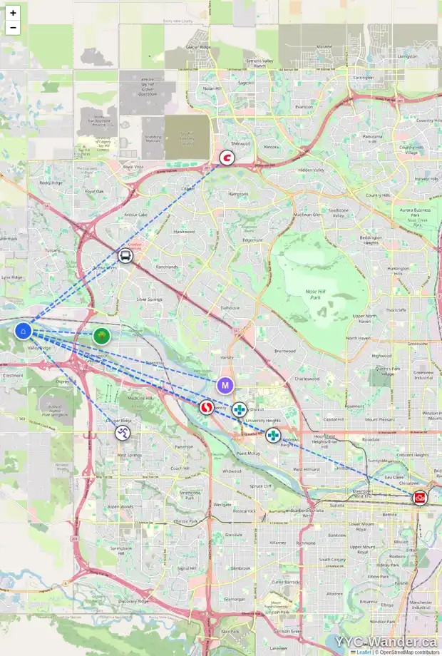 Daily accessibility map for 121 VALLEY WOODS PL NW, Calgary showing nearby schools, grocery stores, parks, LRT stations and nearby amenities
