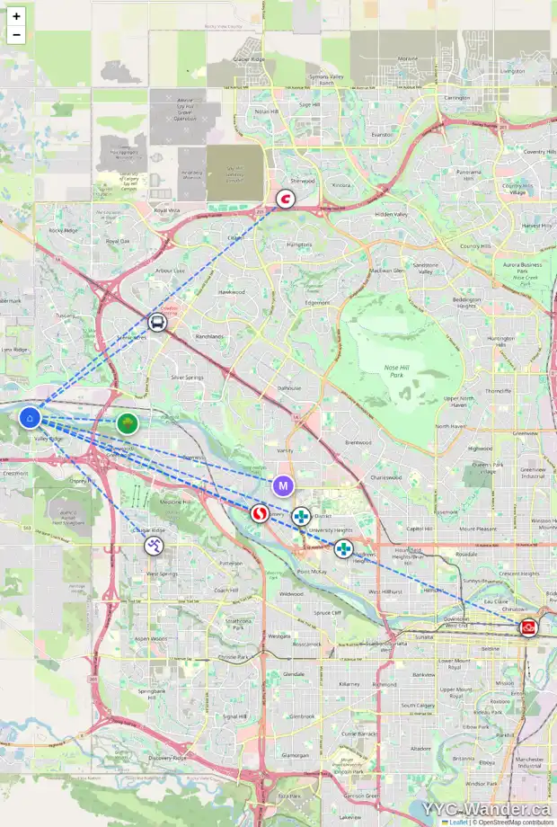 Daily accessibility map for 133 VALLEY WOODS PL NW, Calgary showing nearby schools, grocery stores, parks, LRT stations and nearby amenities