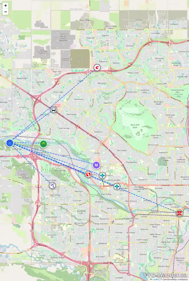 Daily accessibility map for 165 VALLEY WOODS PL NW, Calgary showing nearby schools, grocery stores, parks, LRT stations and nearby amenities