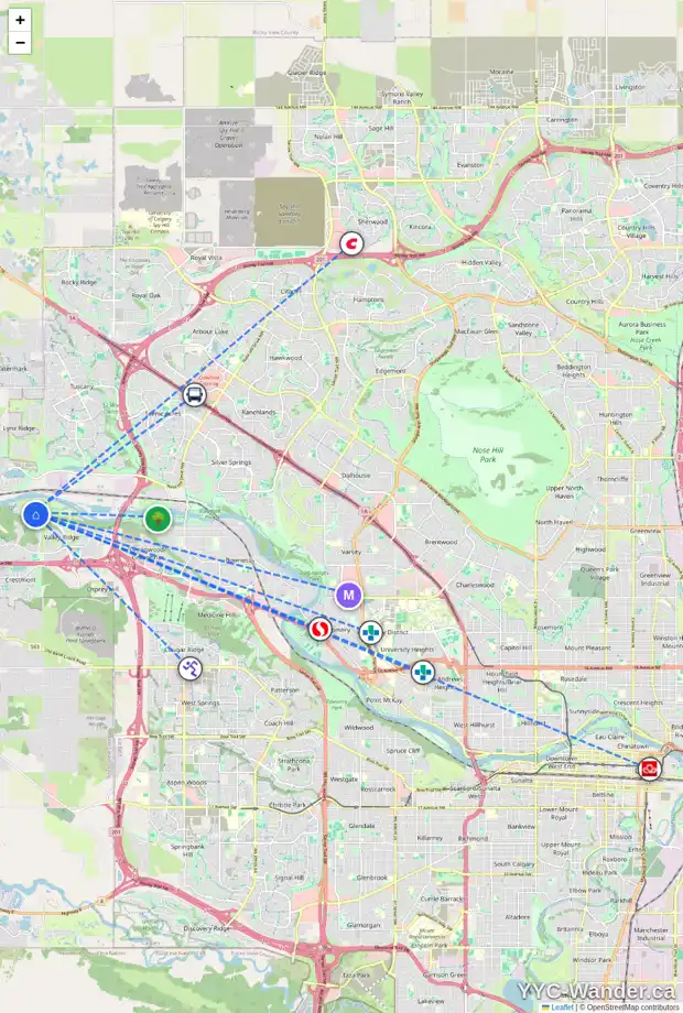 Daily accessibility map for 169 VALLEY WOODS PL NW, Calgary showing nearby schools, grocery stores, parks, LRT stations and nearby amenities