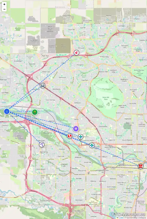 Daily accessibility map for 226 VALLEY WOODS PL NW, Calgary showing nearby schools, grocery stores, parks, LRT stations and nearby amenities