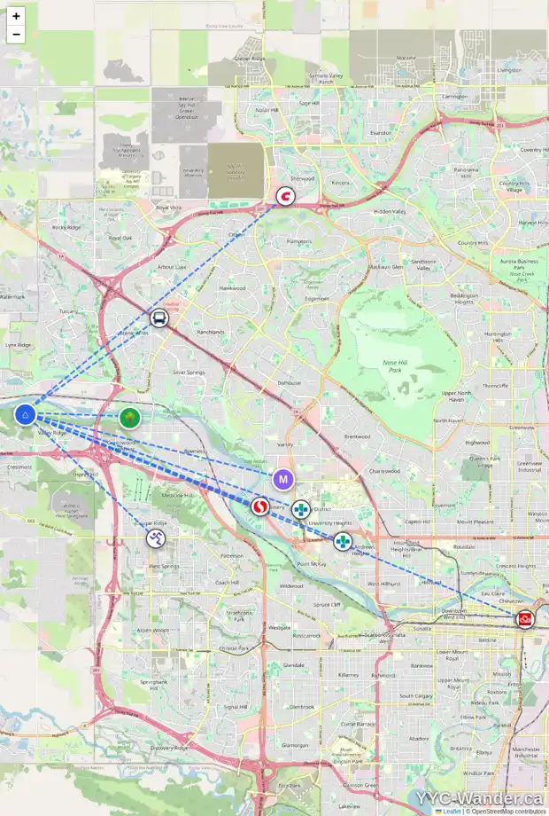 Daily accessibility map for 230 VALLEY WOODS PL NW, Calgary showing nearby schools, grocery stores, parks, LRT stations and nearby amenities