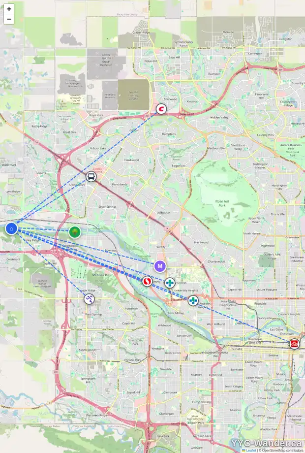 Daily accessibility map for 323 VALLEY WOODS PL NW, Calgary showing nearby schools, grocery stores, parks, LRT stations and nearby amenities