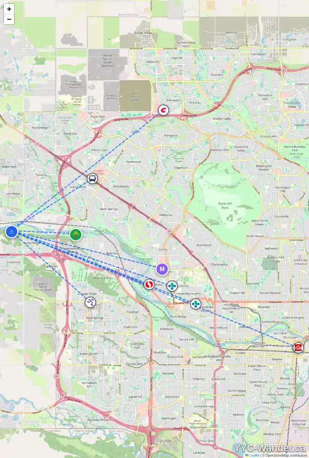 Daily accessibility map for 335 VALLEY WOODS PL NW, Calgary showing nearby schools, grocery stores, parks, LRT stations and nearby amenities