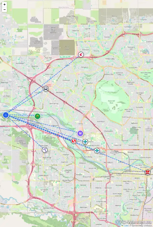 Daily accessibility map for 339 VALLEY WOODS PL NW, Calgary showing nearby schools, grocery stores, parks, LRT stations and nearby amenities