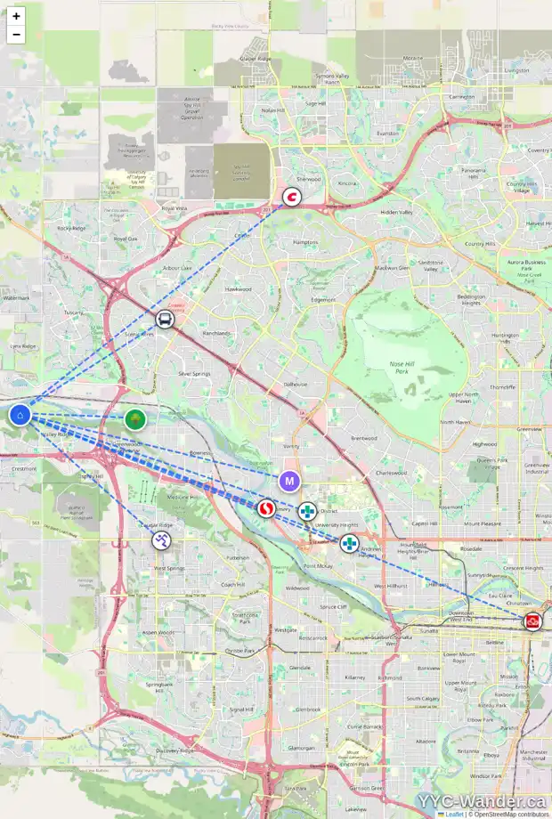 Daily accessibility map for 343 VALLEY WOODS PL NW, Calgary showing nearby schools, grocery stores, parks, LRT stations and nearby amenities