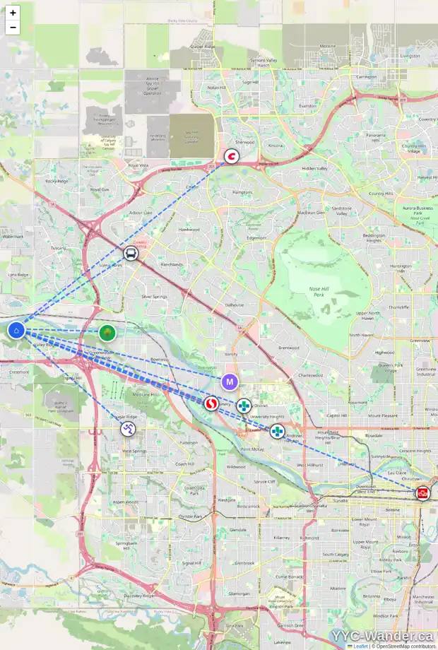 Daily accessibility map for 351 VALLEY WOODS PL NW, Calgary showing nearby schools, grocery stores, parks, LRT stations and nearby amenities
