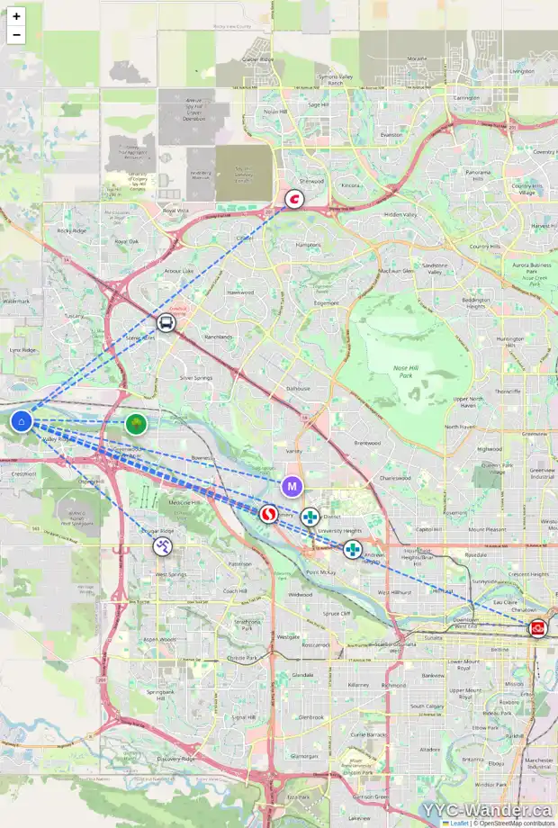 Daily accessibility map for 359 VALLEY WOODS PL NW, Calgary showing nearby schools, grocery stores, parks, LRT stations and nearby amenities