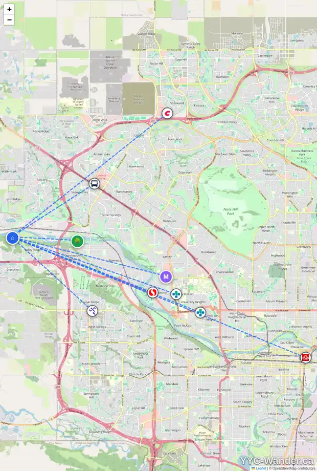 Daily accessibility map for 387 VALLEY WOODS PL NW, Calgary showing nearby schools, grocery stores, parks, LRT stations and nearby amenities