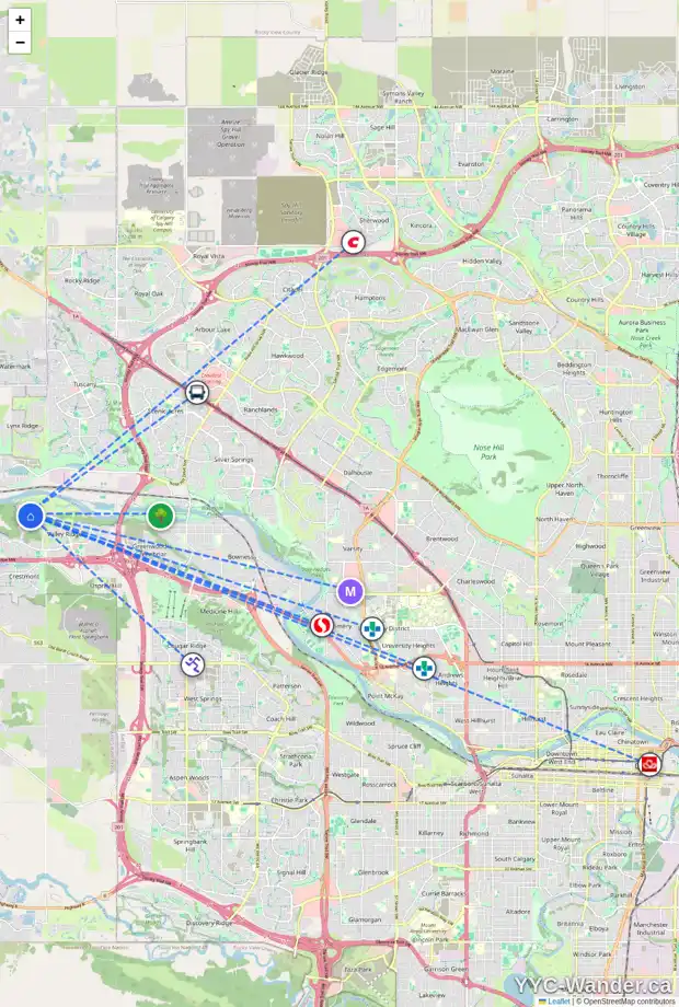 Daily accessibility map for 37 VALLEY WOODS WY NW, Calgary showing nearby schools, grocery stores, parks, LRT stations and nearby amenities