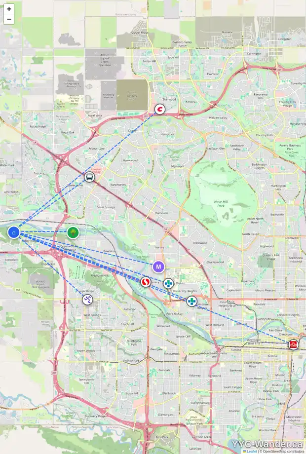 Daily accessibility map for 49 VALLEY WOODS WY NW, Calgary showing nearby schools, grocery stores, parks, LRT stations and nearby amenities