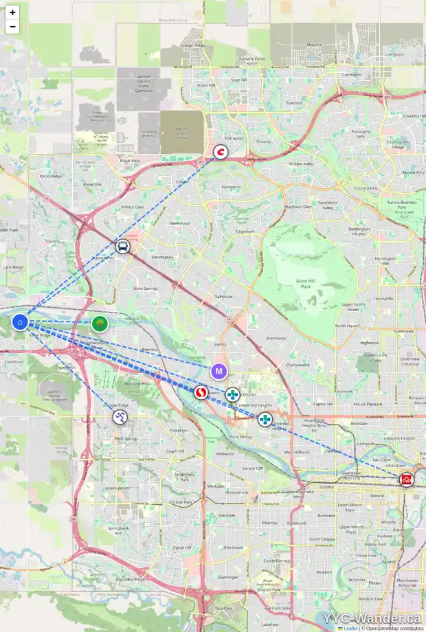 Daily accessibility map for 16 VALLEY WOODS WY NW, Calgary showing nearby schools, grocery stores, parks, LRT stations and nearby amenities