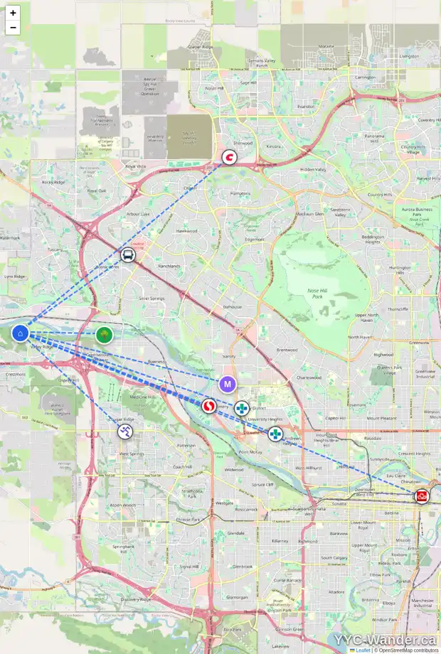 Daily accessibility map for 36 VALLEY WOODS WY NW, Calgary showing nearby schools, grocery stores, parks, LRT stations and nearby amenities