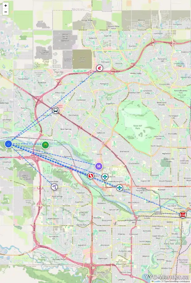 Daily accessibility map for 56 VALLEY WOODS WY NW, Calgary showing nearby schools, grocery stores, parks, LRT stations and nearby amenities