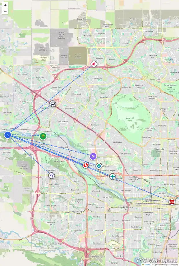 Daily accessibility map for 80 VALLEY WOODS WY NW, Calgary showing nearby schools, grocery stores, parks, LRT stations and nearby amenities