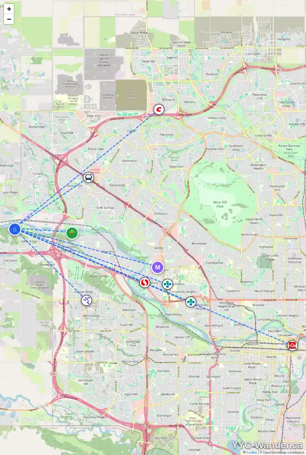 Daily accessibility map for 30 VALLEY WOODS LD NW, Calgary showing nearby schools, grocery stores, parks, LRT stations and nearby amenities