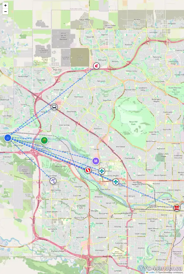 Daily accessibility map for 94 VALLEY WOODS LD NW, Calgary showing nearby schools, grocery stores, parks, LRT stations and nearby amenities