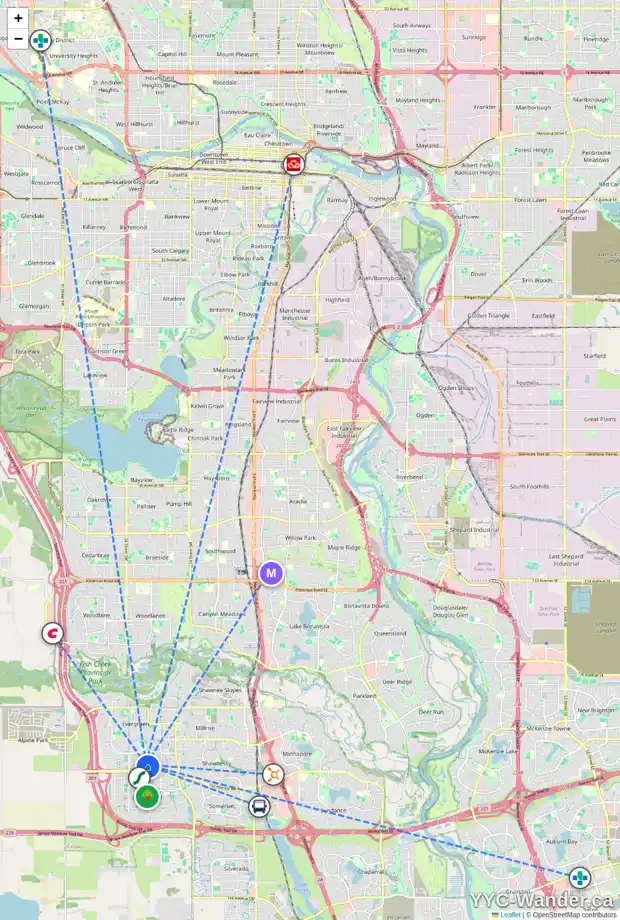 Daily accessibility map for 273 EVERSYDE BV SW, Calgary showing nearby schools, grocery stores, parks, LRT stations and nearby amenities