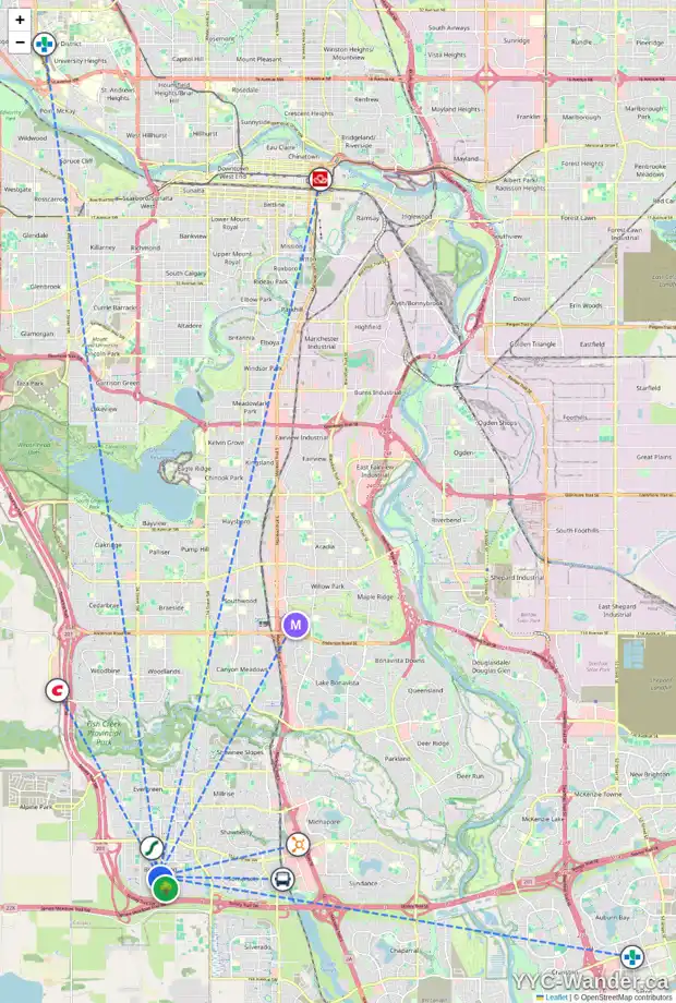 Daily accessibility map for 96 BRIDLERIDGE MR SW, Calgary showing nearby schools, grocery stores, parks, LRT stations and nearby amenities