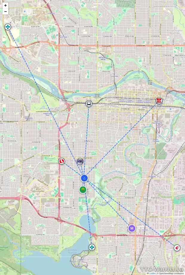 Daily accessibility map for 4220 17 ST SW, Calgary showing nearby schools, grocery stores, parks, LRT stations and nearby amenities