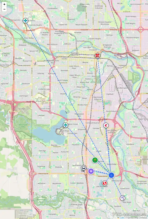 Daily accessibility map for 91 MAPLEGLADE CL SE, Calgary showing nearby schools, grocery stores, parks, LRT stations and nearby amenities