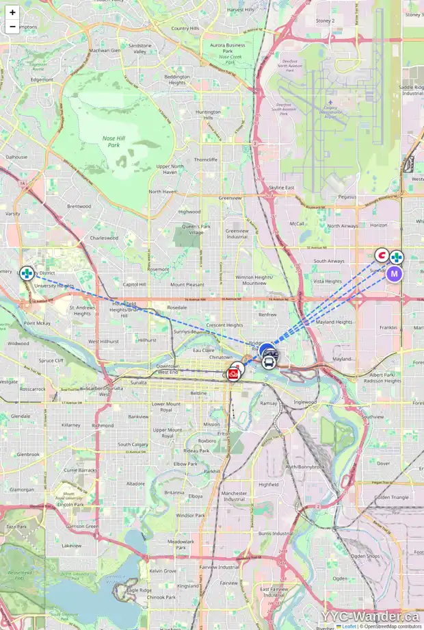 Daily accessibility map for 313 910 CENTRE AV NE, Calgary showing nearby schools, grocery stores, parks, LRT stations and nearby amenities