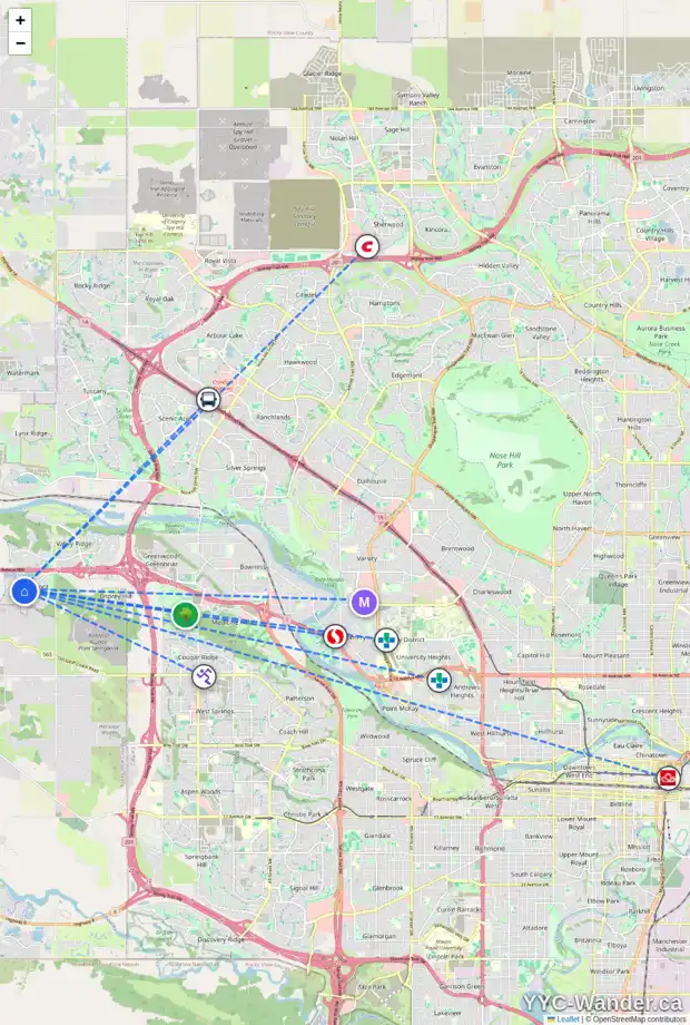 Daily accessibility map for 42 CRESTBROOK HL SW, Calgary showing nearby schools, grocery stores, parks, LRT stations and nearby amenities