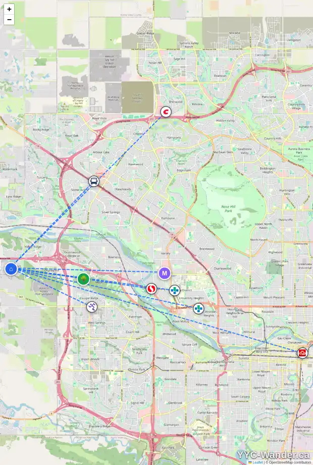 Daily accessibility map for 58 CRESTBROOK HL SW, Calgary showing nearby schools, grocery stores, parks, LRT stations and nearby amenities