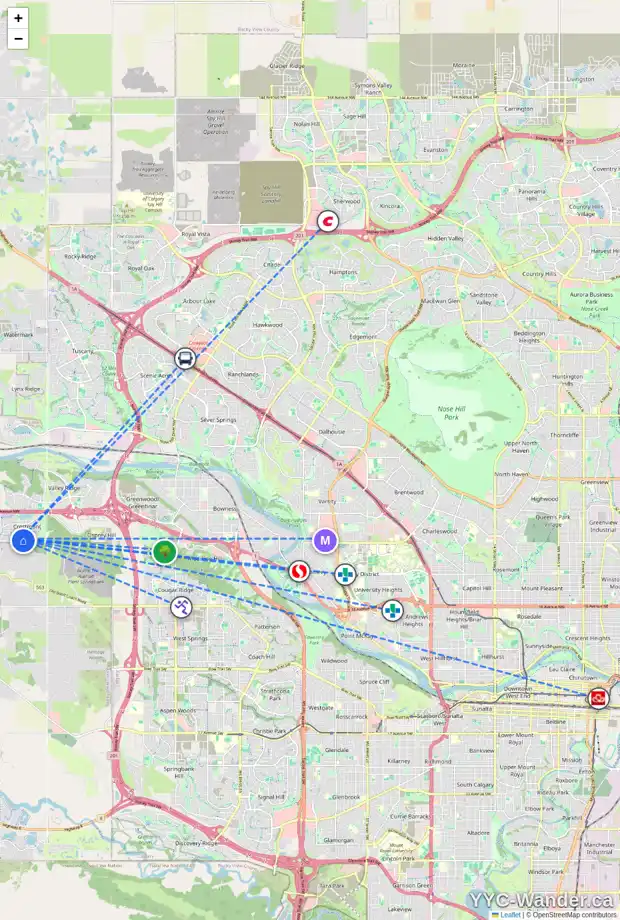 Daily accessibility map for 162 CRESTMONT DR SW, Calgary showing nearby schools, grocery stores, parks, LRT stations and nearby amenities