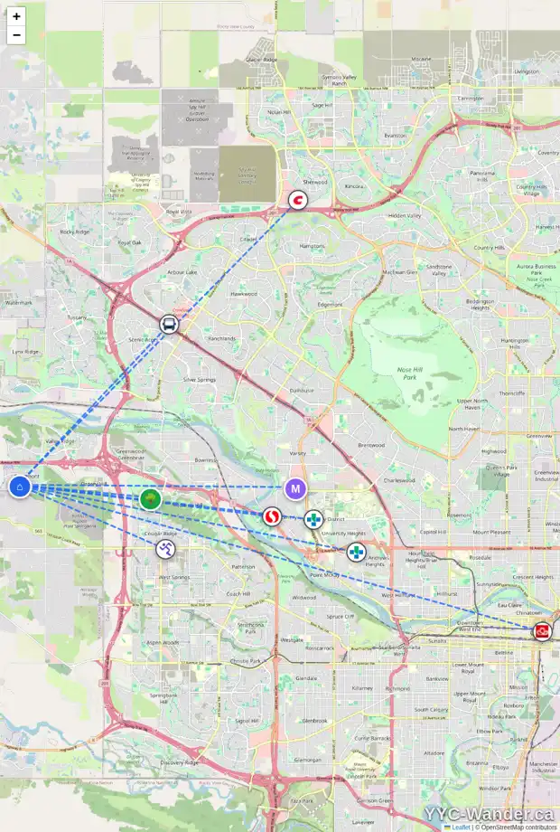 Daily accessibility map for 189 CRESTMONT DR SW, Calgary showing nearby schools, grocery stores, parks, LRT stations and nearby amenities