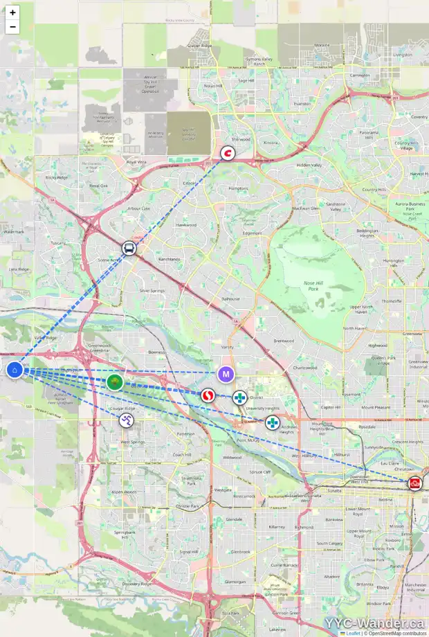 Daily accessibility map for 5 CRESTBROOK PL SW, Calgary showing nearby schools, grocery stores, parks, LRT stations and nearby amenities