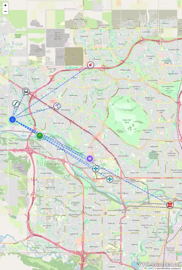 Daily accessibility map for 102 TUSCANY ESTATES CR NW, Calgary showing nearby schools, grocery stores, parks, LRT stations and nearby amenities
