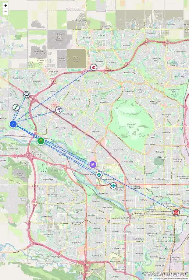Daily accessibility map for 103 TUSCANY ESTATES CR NW, Calgary showing nearby schools, grocery stores, parks, LRT stations and nearby amenities