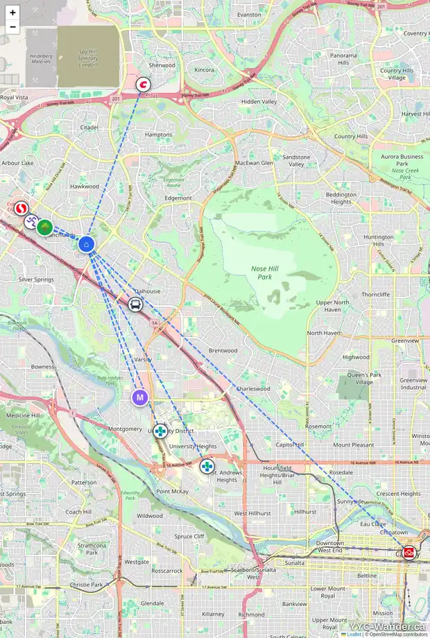 Daily accessibility map for 16 6915 RANCHVIEW DR NW, Calgary showing nearby schools, grocery stores, parks, LRT stations and nearby amenities