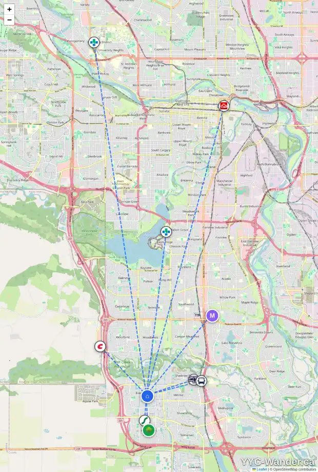 Daily accessibility map for 31 EVEROAK BA SW, Calgary showing nearby schools, grocery stores, parks, LRT stations and nearby amenities