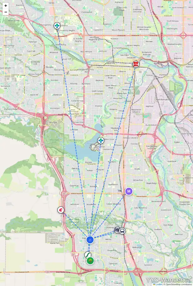 Daily accessibility map for 55 EVEROAK BA SW, Calgary showing nearby schools, grocery stores, parks, LRT stations and nearby amenities