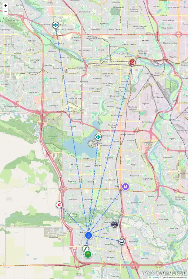 Daily accessibility map for 109 EVEROAK CI SW, Calgary showing nearby schools, grocery stores, parks, LRT stations and nearby amenities