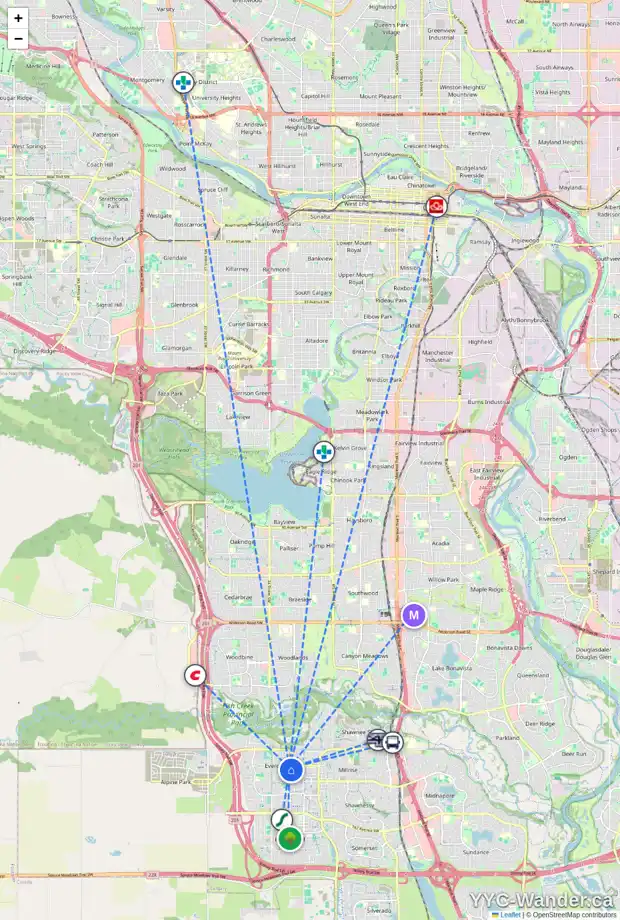 Daily accessibility map for 157 EVEROAK CI SW, Calgary showing nearby schools, grocery stores, parks, LRT stations and nearby amenities