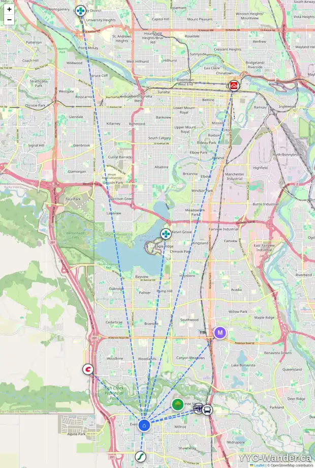 Daily accessibility map for 197 EVEROAK CI SW, Calgary showing nearby schools, grocery stores, parks, LRT stations and nearby amenities