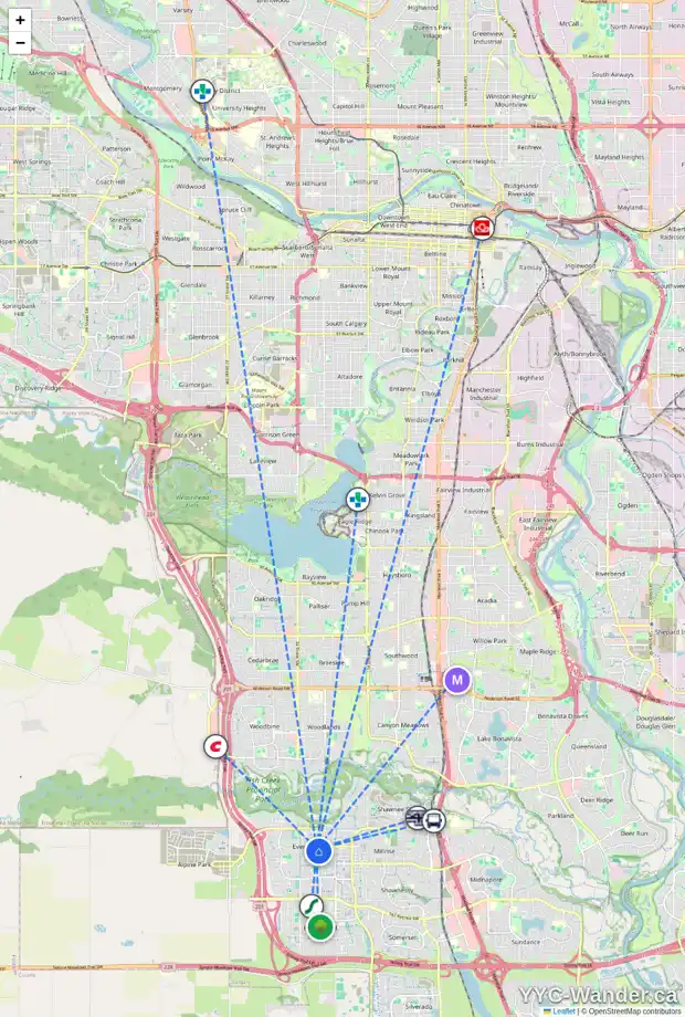 Daily accessibility map for 196 EVEROAK CI SW, Calgary showing nearby schools, grocery stores, parks, LRT stations and nearby amenities