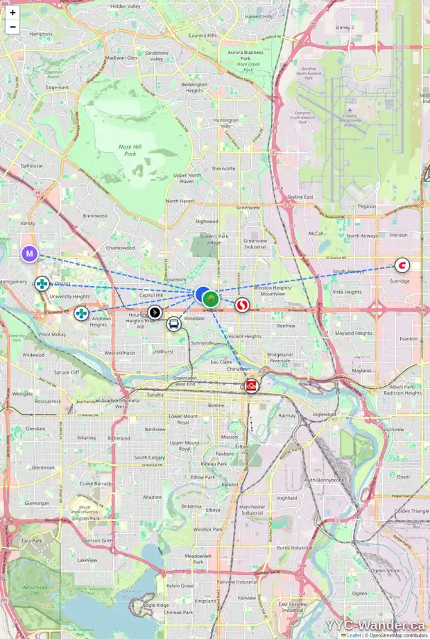 Daily accessibility map for 2204 7 ST NW, Calgary showing nearby schools, grocery stores, parks, LRT stations and nearby amenities