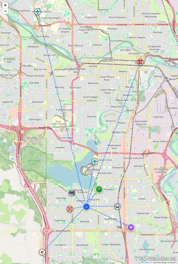 Daily accessibility map for 8 PUMP HILL ME SW, Calgary showing nearby schools, grocery stores, parks, LRT stations and nearby amenities