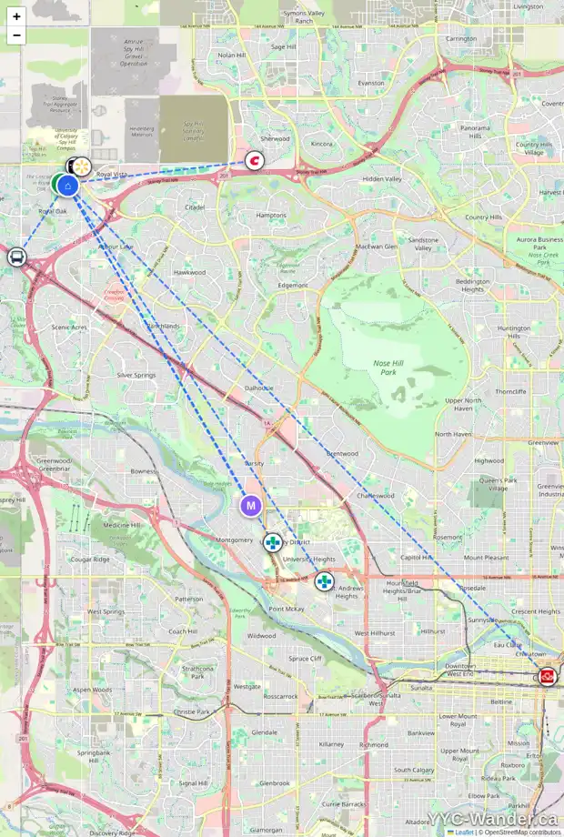 Daily accessibility map for 22 ROYAL OAK LN NW, Calgary showing nearby schools, grocery stores, parks, LRT stations and nearby amenities