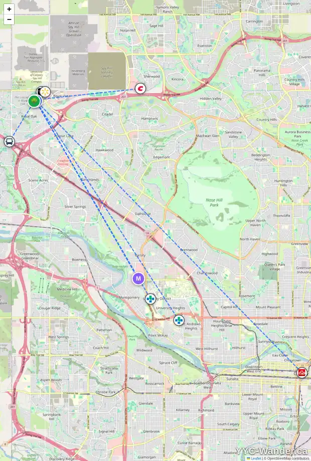 Daily accessibility map for 58 ROYAL OAK LN NW, Calgary showing nearby schools, grocery stores, parks, LRT stations and nearby amenities