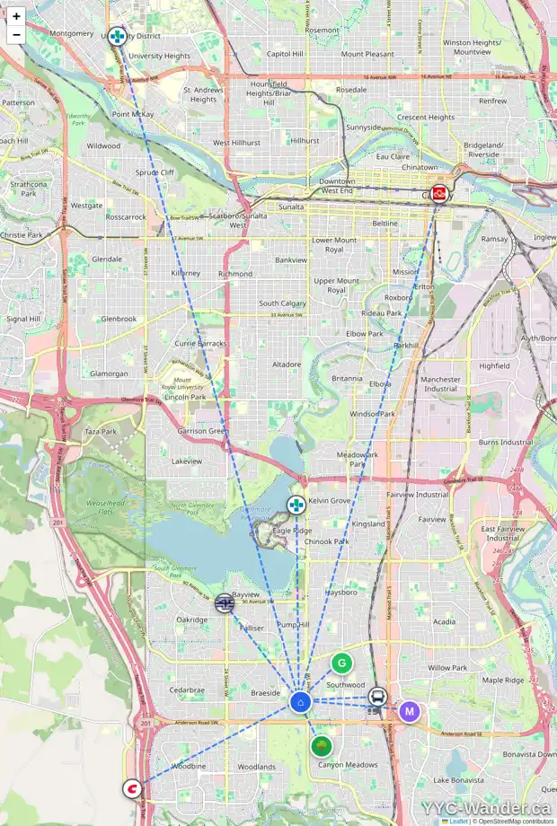 Daily accessibility map for 1603 110 AV SW, Calgary showing nearby schools, grocery stores, parks, LRT stations and nearby amenities