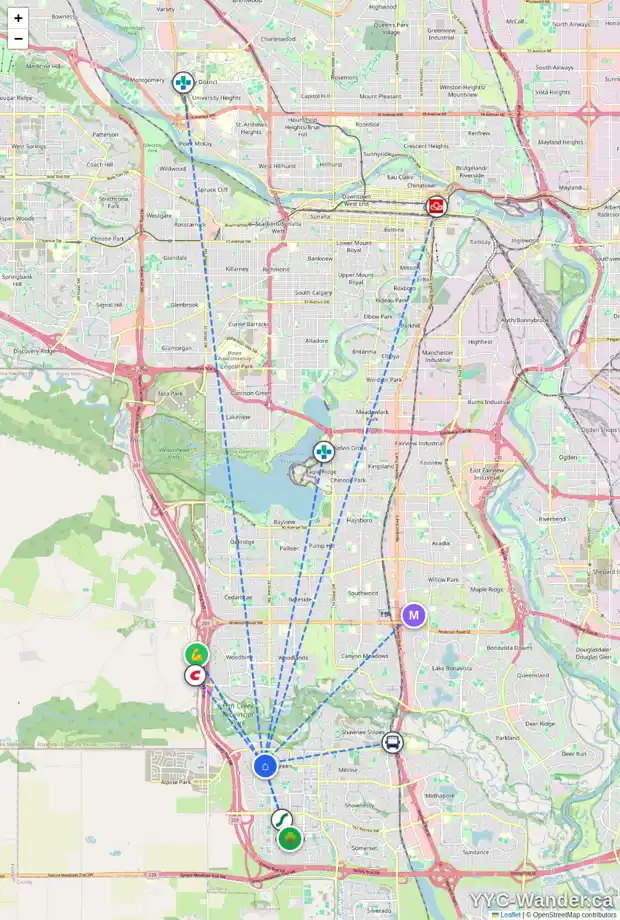 Daily accessibility map for 94 EVERHOLLOW RI SW, Calgary showing nearby schools, grocery stores, parks, LRT stations and nearby amenities