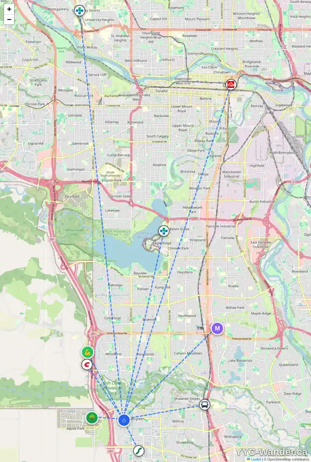 Daily accessibility map for 25 EVERHOLLOW RI SW, Calgary showing nearby schools, grocery stores, parks, LRT stations and nearby amenities