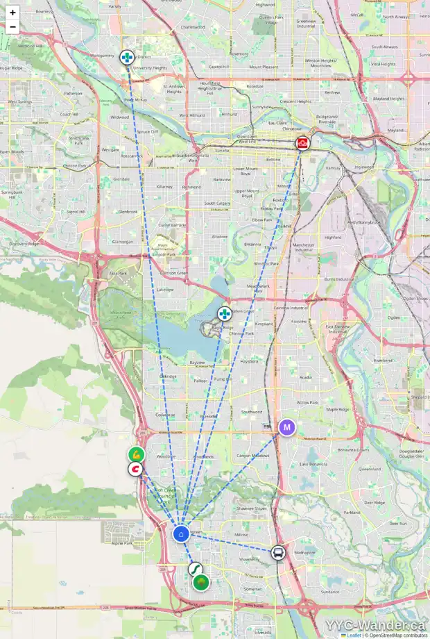 Daily accessibility map for 56 EVERHOLLOW CR SW, Calgary showing nearby schools, grocery stores, parks, LRT stations and nearby amenities